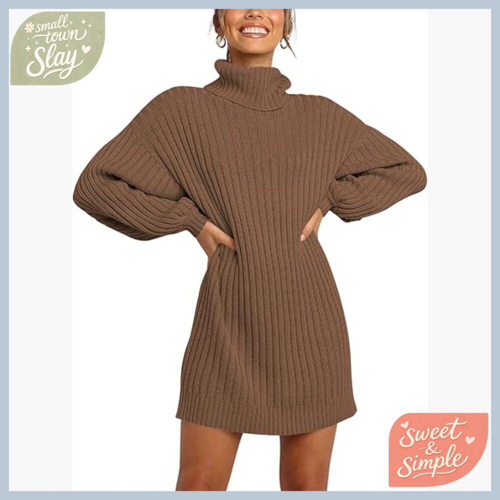 Oversized Turtleneck Sweater Dress Batwing Sleeve Ribbed Knit Casual